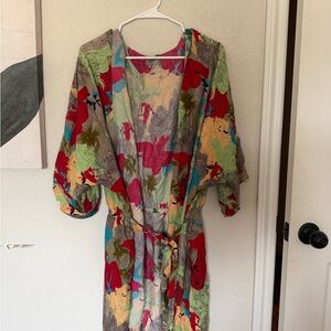 Floral Multicolor Kimono Robe with Self-Tie Belt